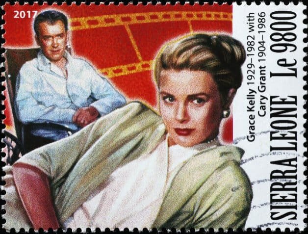 Grace Kelly and James Stewart on postage stamp