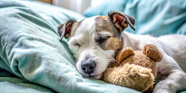 Gray Haired Jack Russell Terrier Sleeping with Bear Toy