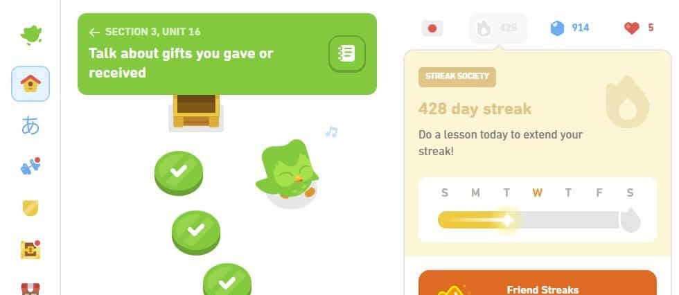 Duolingo 428 day streak by Grant of OldDogZeroTricks.com