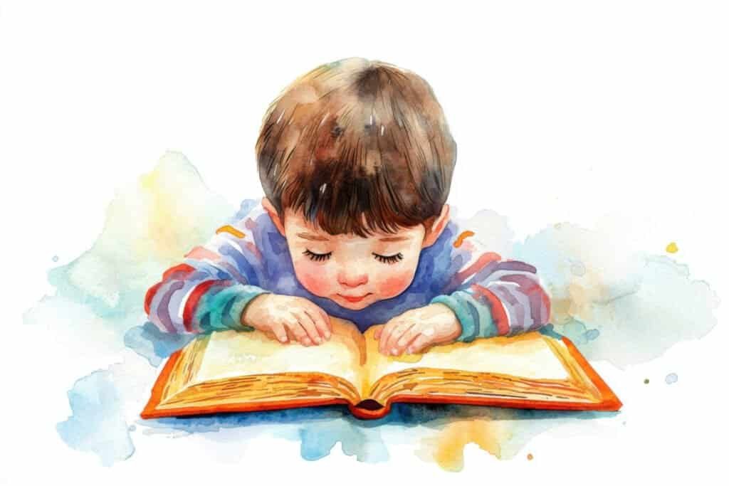 A young boy immersed in reading a book in watercolor.