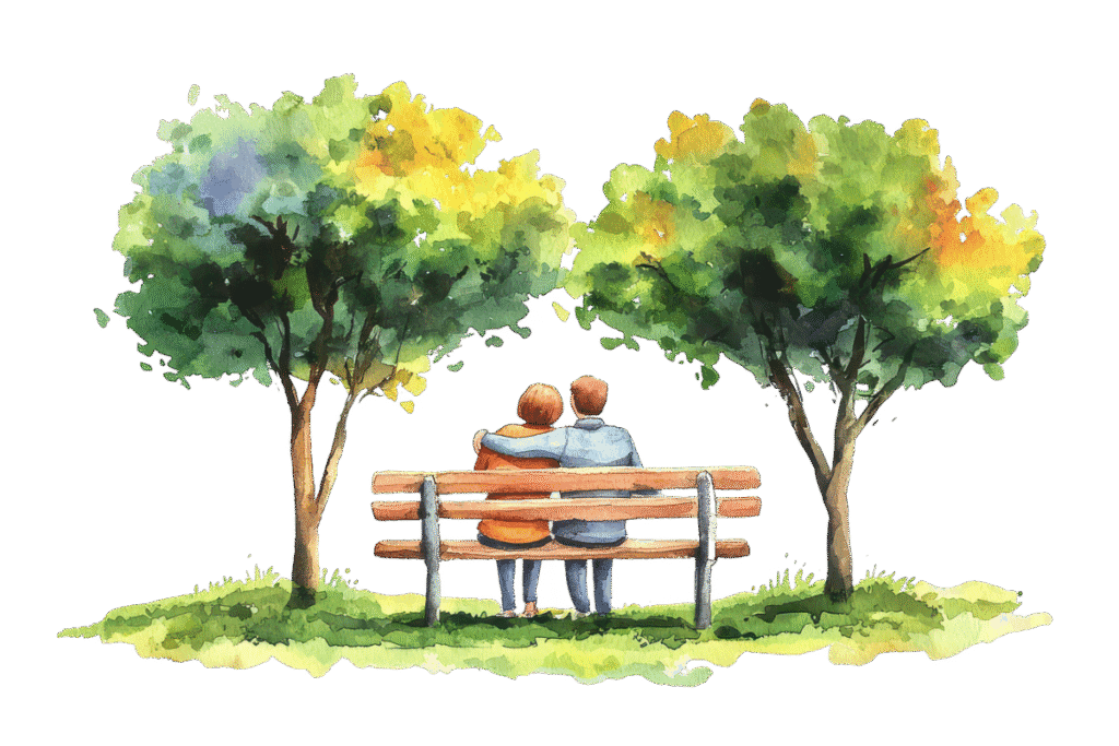 Couple sitting on park bench. Man comforting woman.