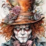 mad hatter on white background, watercolor painting, Generative AI