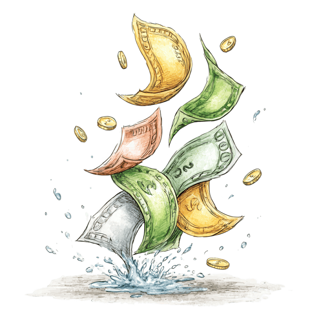 money bills splash into water watercolor