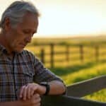 Older guy at farm checking watch