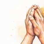 Praying hands illustration with soft watercolor background.