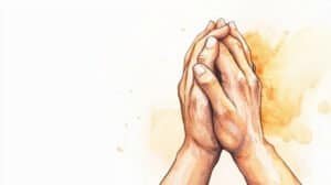 Praying hands illustration with soft watercolor background.