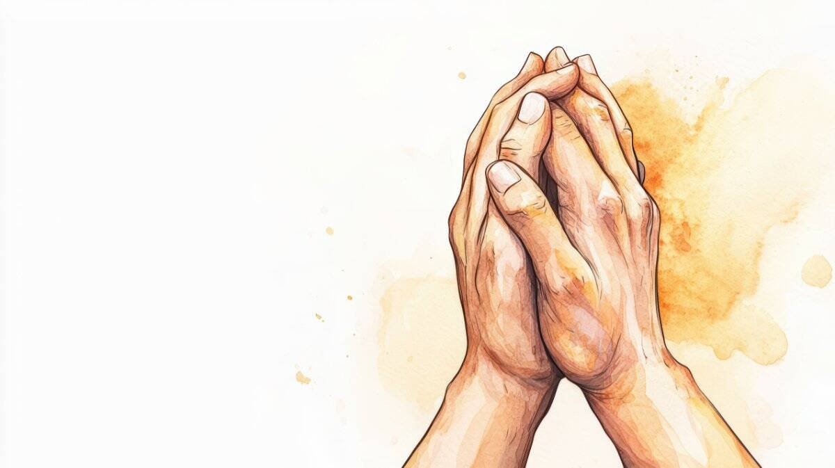 Praying hands illustration with soft watercolor background.