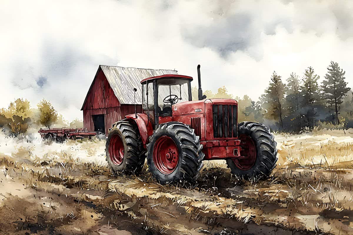 watercolor depicting red tractor in farm field. Phyiscal outside work that's worth being grateful for.
