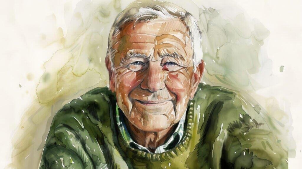 Senior man smiling, wearing green sweater in watercolor