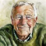 Senior man smiling, wearing green sweater in watercolor