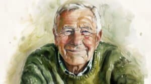Senior man smiling, wearing green sweater in watercolor