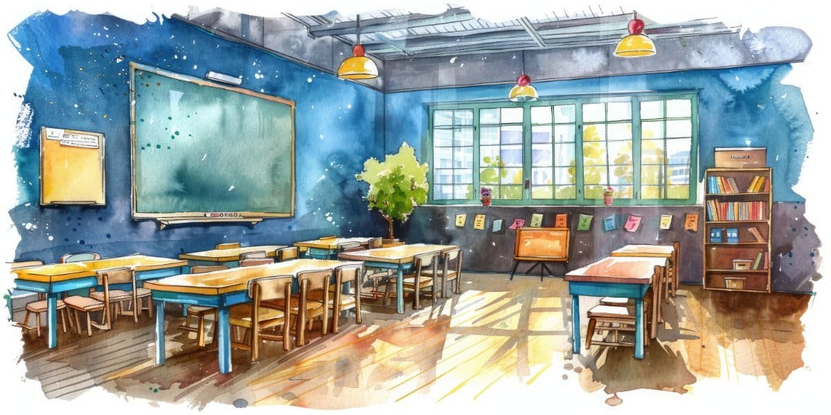 Sunny classroom with desks, blackboard, bookshelves, and large window. An environment to be grateful for.