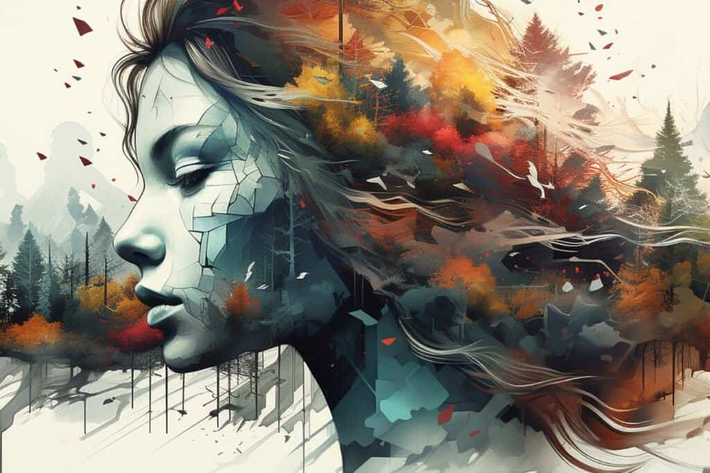 Abstract beautiful woman Mental Health Awareness. Autumn and winter eco style. Watercolor