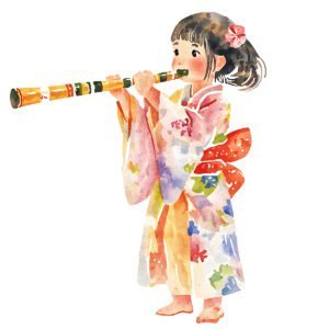 Watercolor of young girl, dressed in a vibrant floral kimono, gracefully playing shakuhachi flute.