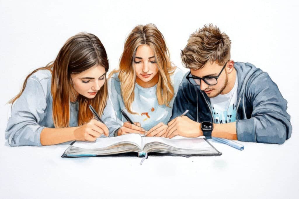 A soft watercolor painting of adults studying book together