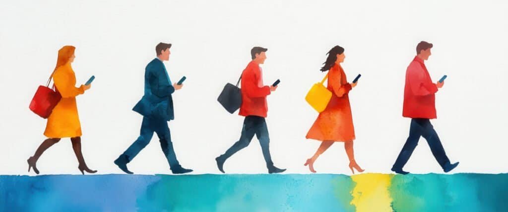 Busy people walking using smartphones in watercolor