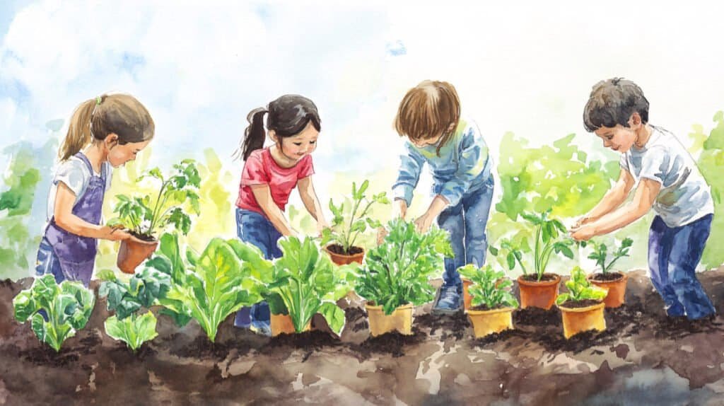 Two boys and two girls planting vegetables in watercolor. AI generated.