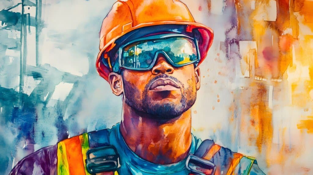 Construction worker in safety gear looking up