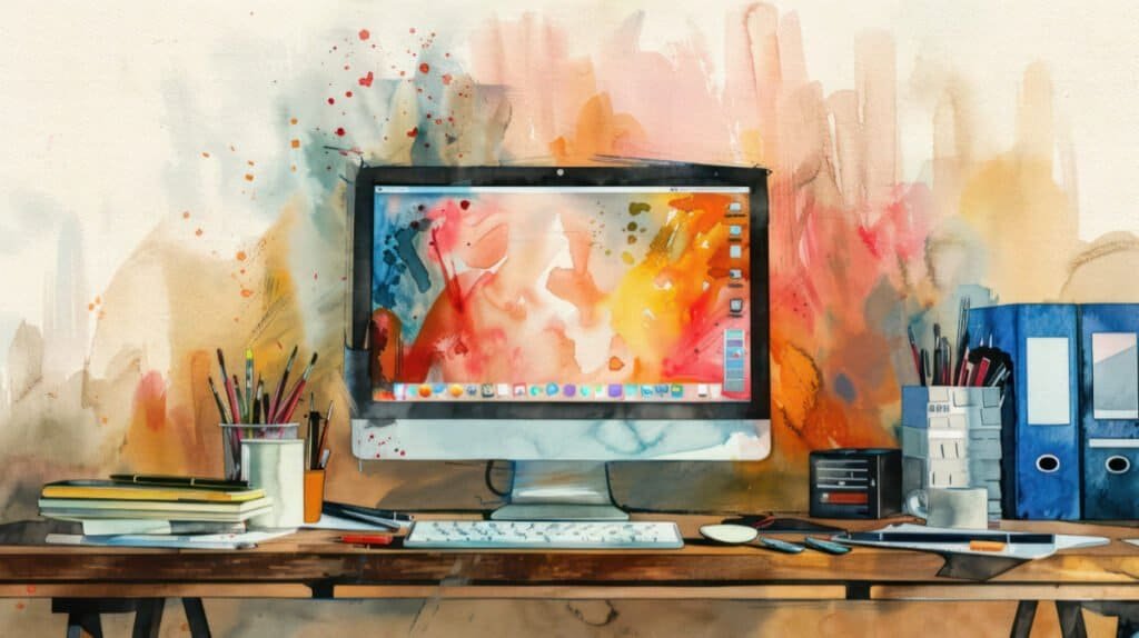 desk with computer monitor in watercolor paint style