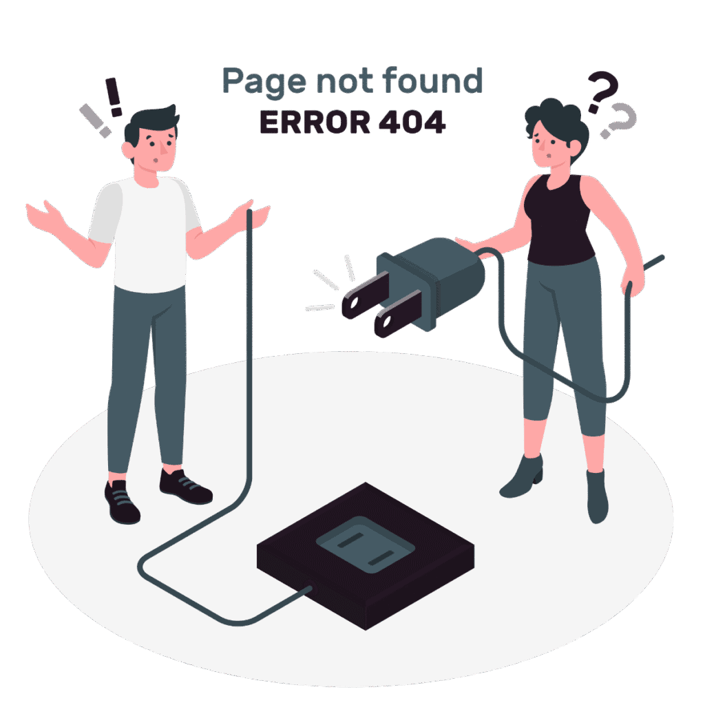 404 Error Page not Found with woman connecting a plug to man