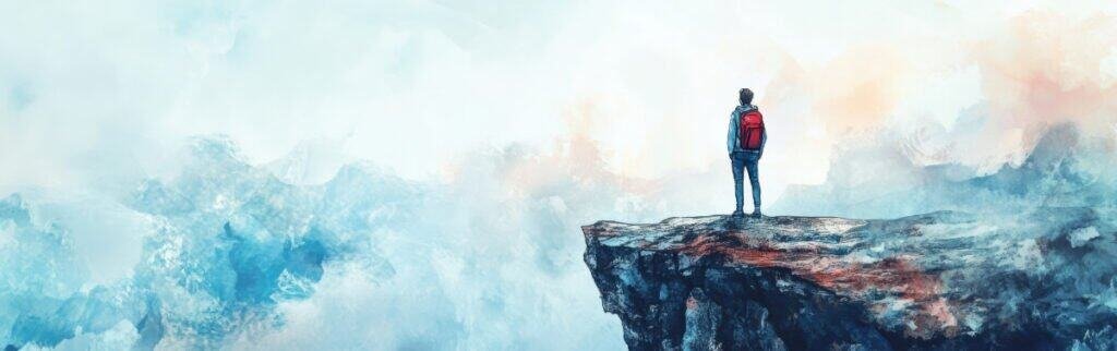 A lone figure stands at the edge of a towering cliff, gazing into the vast expanse.