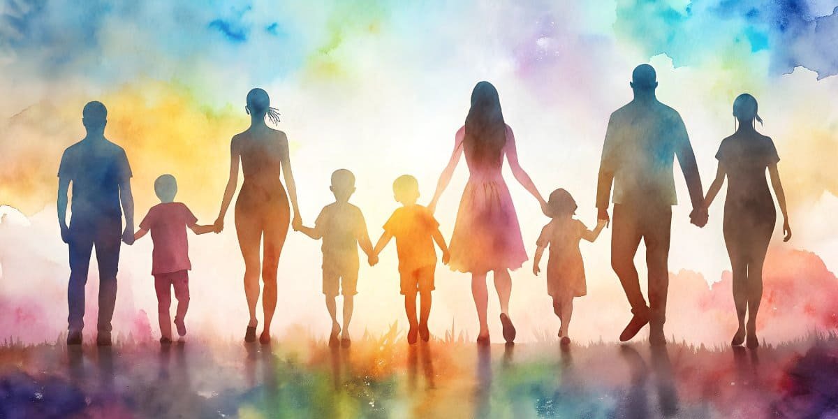 Heartwarming family silhouettes walking together, holding hands.