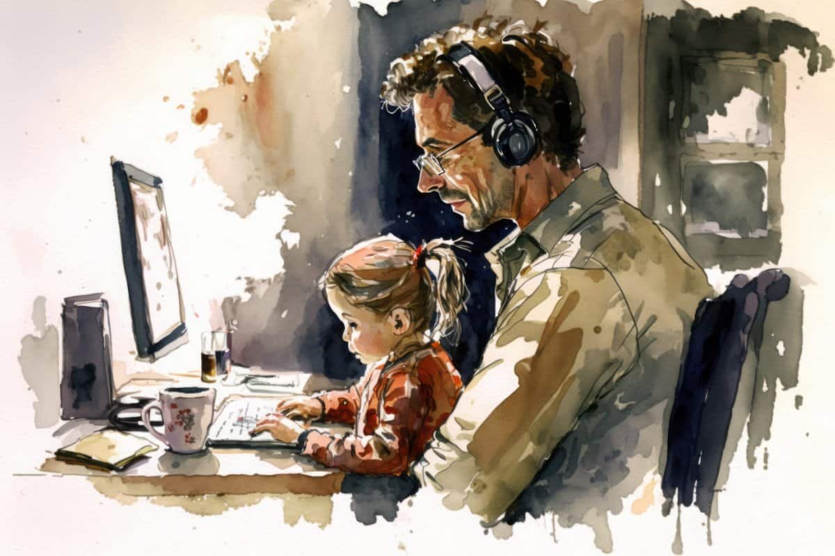 Father with a child working from home in front of computer, watercolor, generative AI