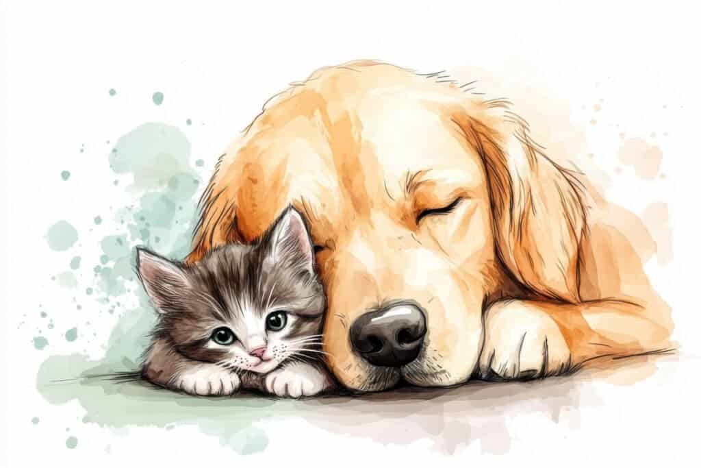 Illustration of a golden retriever and a kitten snuggling together.