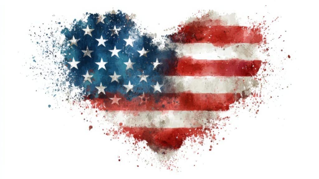 American flag in shape of a heart in watercolor