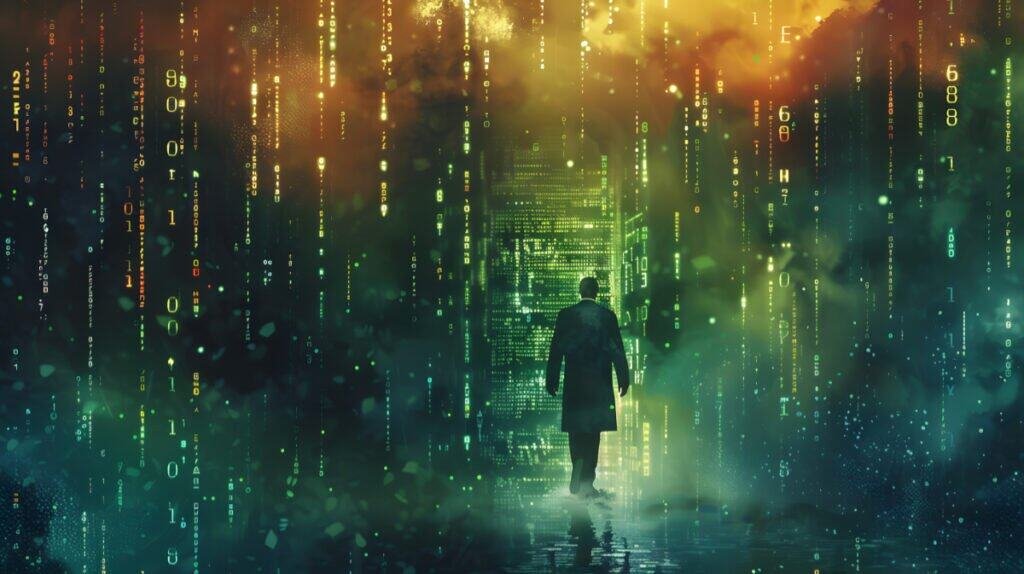 Matrix code with human silhouette or maybe npc walking away