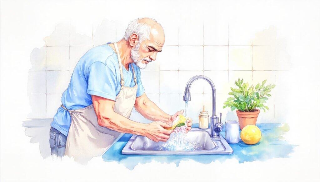 Senior man washing dishes in the kitchen