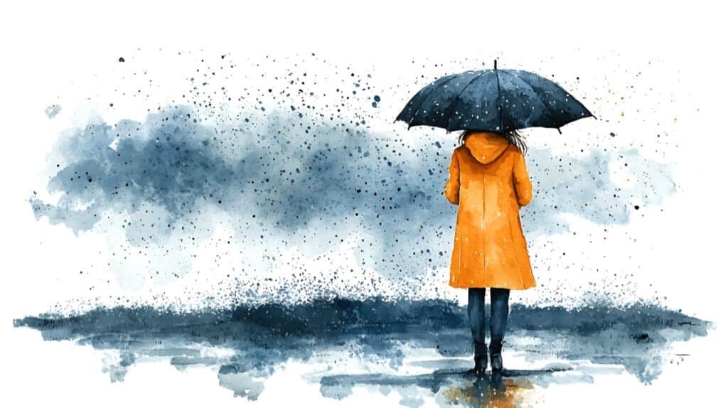 A watercolor painting of a woman standing alone in the rain, holding a black umbrella.