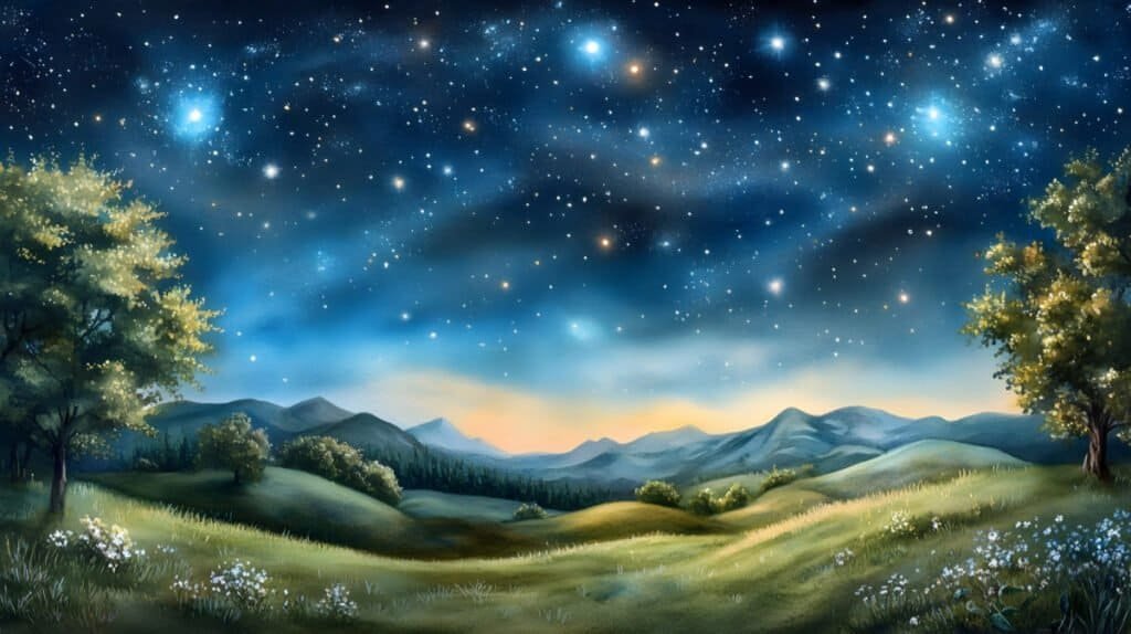 Starry Night Landscape with Watercolor Countryside Scenery