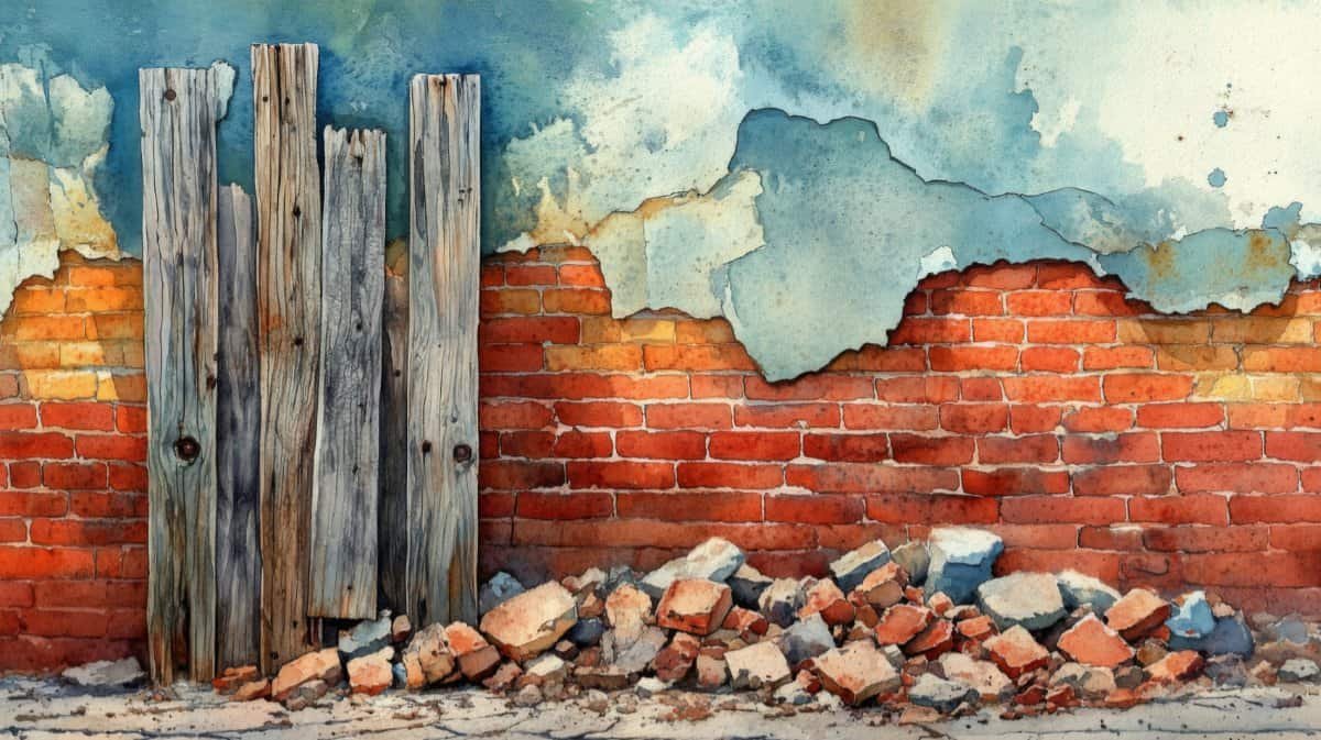 Watercolor Painting of a Weathered Brick Wall with Wooden Posts