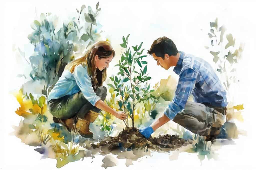 Watercolor painting of woman and man planting tree. AI generated