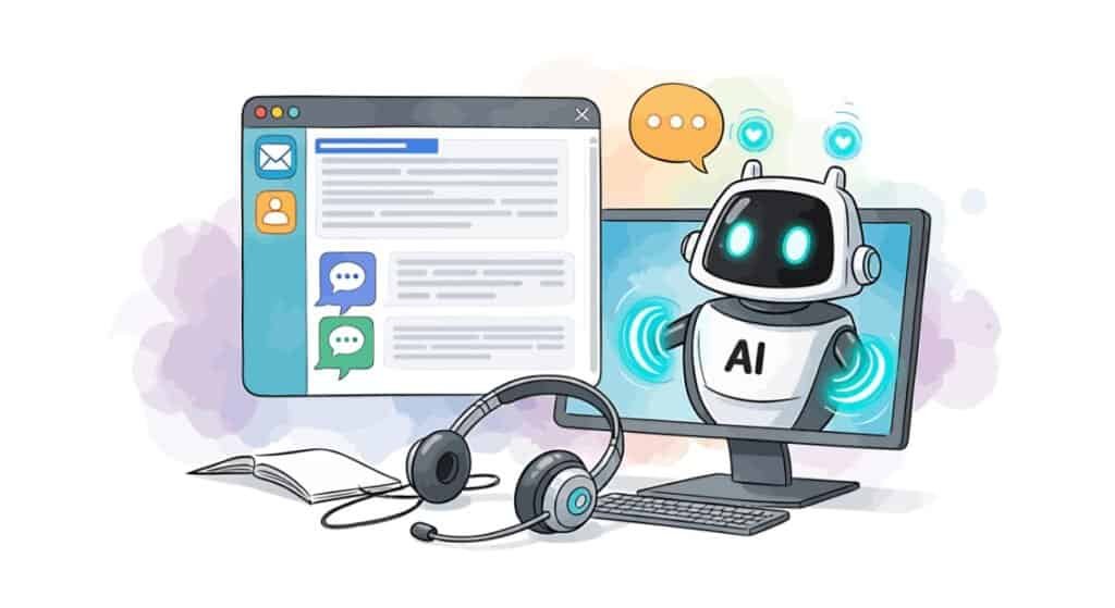 Illustration showing a robot on a computer screen with a headset and chat interface