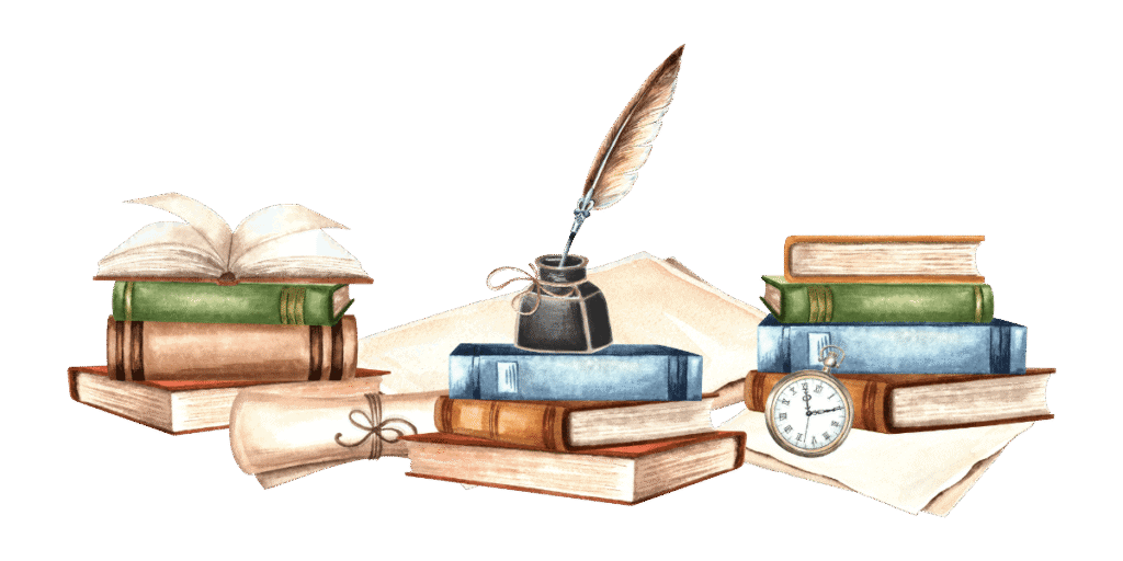 Hand drawn watercolor illustration of books and writing supplies.