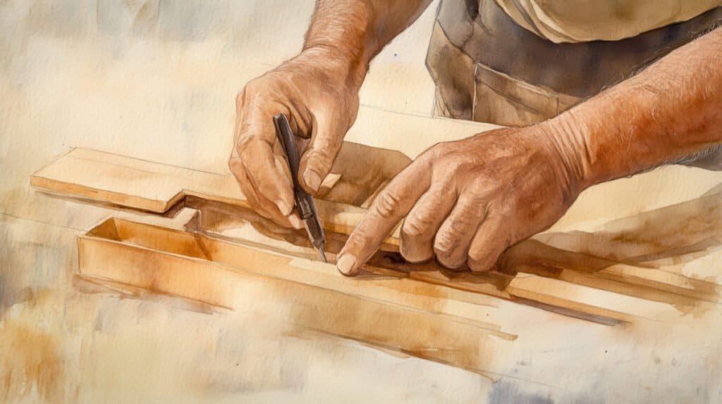 Closeup of carpenter's hands working with wood in watercolor style