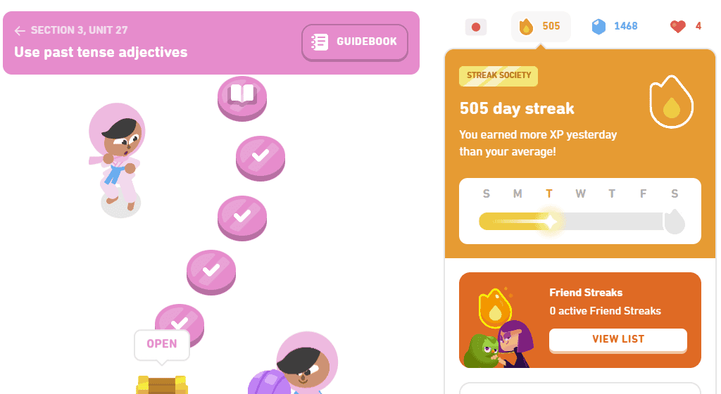 Duolingo screenshot showing consistent day streak of 505 days.