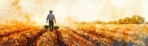 A farmworker strolls through vast fields, carrying trays of seedlings. Working hard, but peacefully alone, in watercolor.