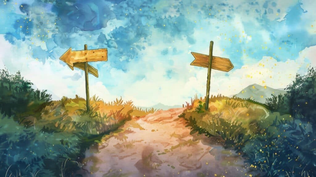 Watercolor illustration depicting a fork in the road, symbolizing the choices and decisions we face in life.