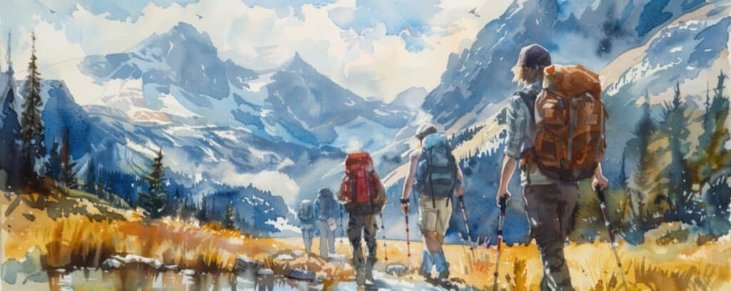 Group of friends hiking through a mountain wilderness.