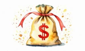 Watercolor illustration of a money bag with a red ribbon