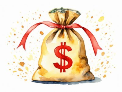 Watercolor illustration of a money bag with a red ribbon