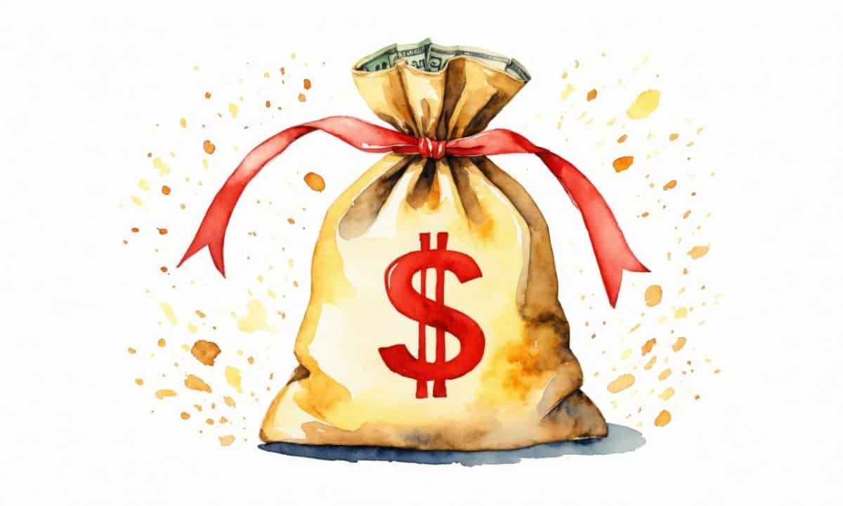 Watercolor illustration of a money bag with a red ribbon