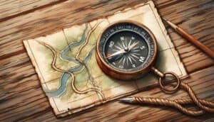 An old-fashioned compass lying on a worn map and old wooden table - watercolor style.