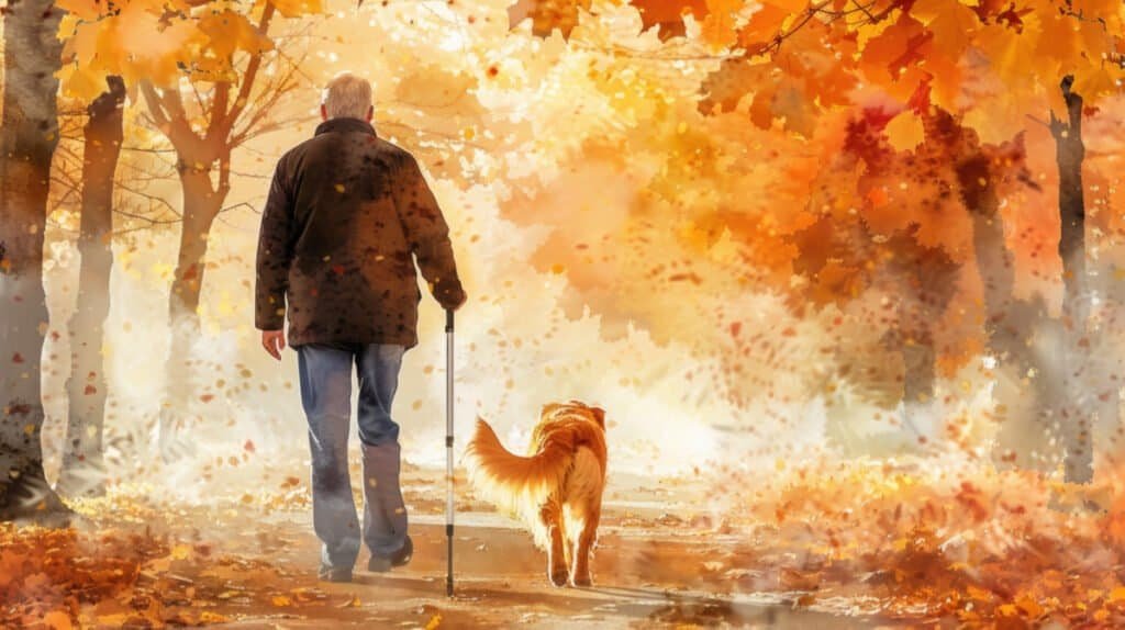 Senior man walking with walking stick and golden retriever outside with autumn trees and leaves.