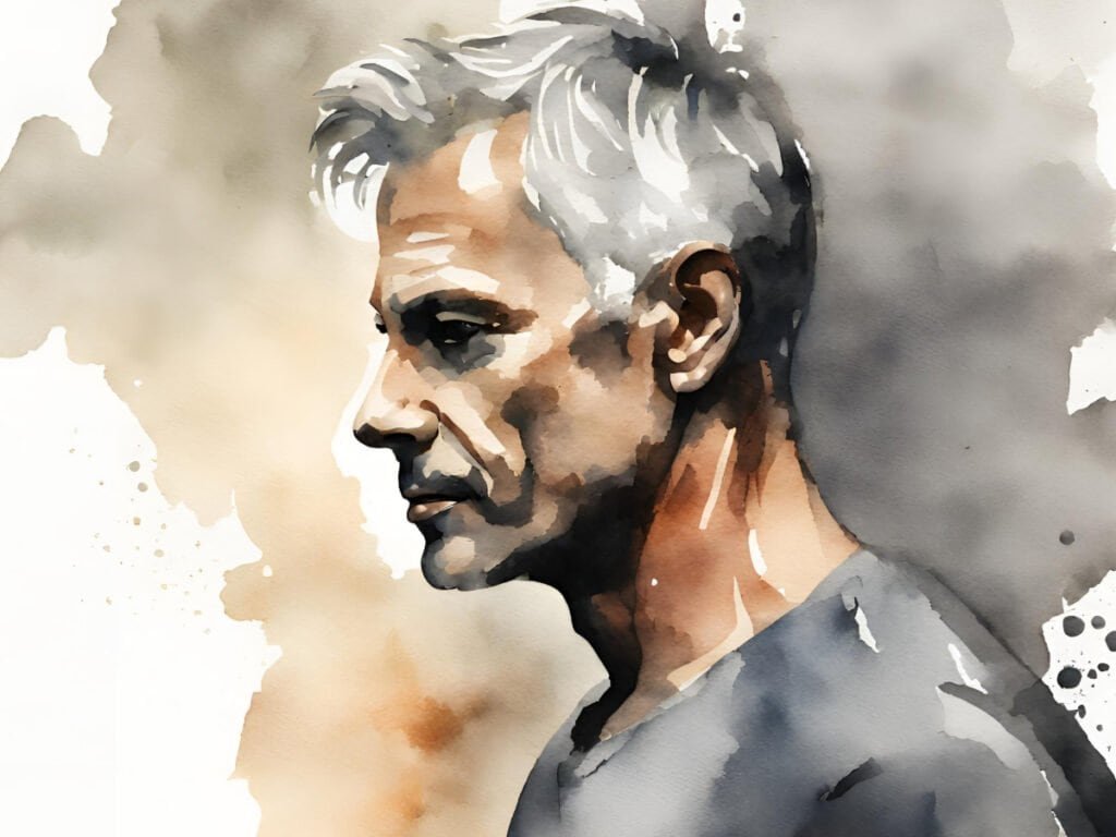 Senior man with gray hair with a worried, concerned, disappointed, serious expression, watercolor