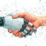 When AI Summarizes Your Life (And You're Not Sure If It's Being Too Kind) Watercolor style illustration of a robotic AI hand shaking hands with a human hand
