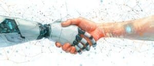Watercolor style illustration of a robotic AI hand shaking hands with a human hand
